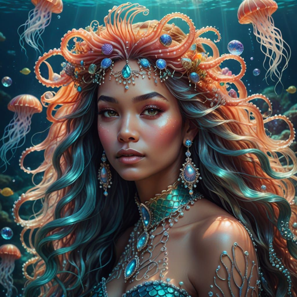 Mermaid Queen Portrait with Iridescent Hair and Pearl Crown