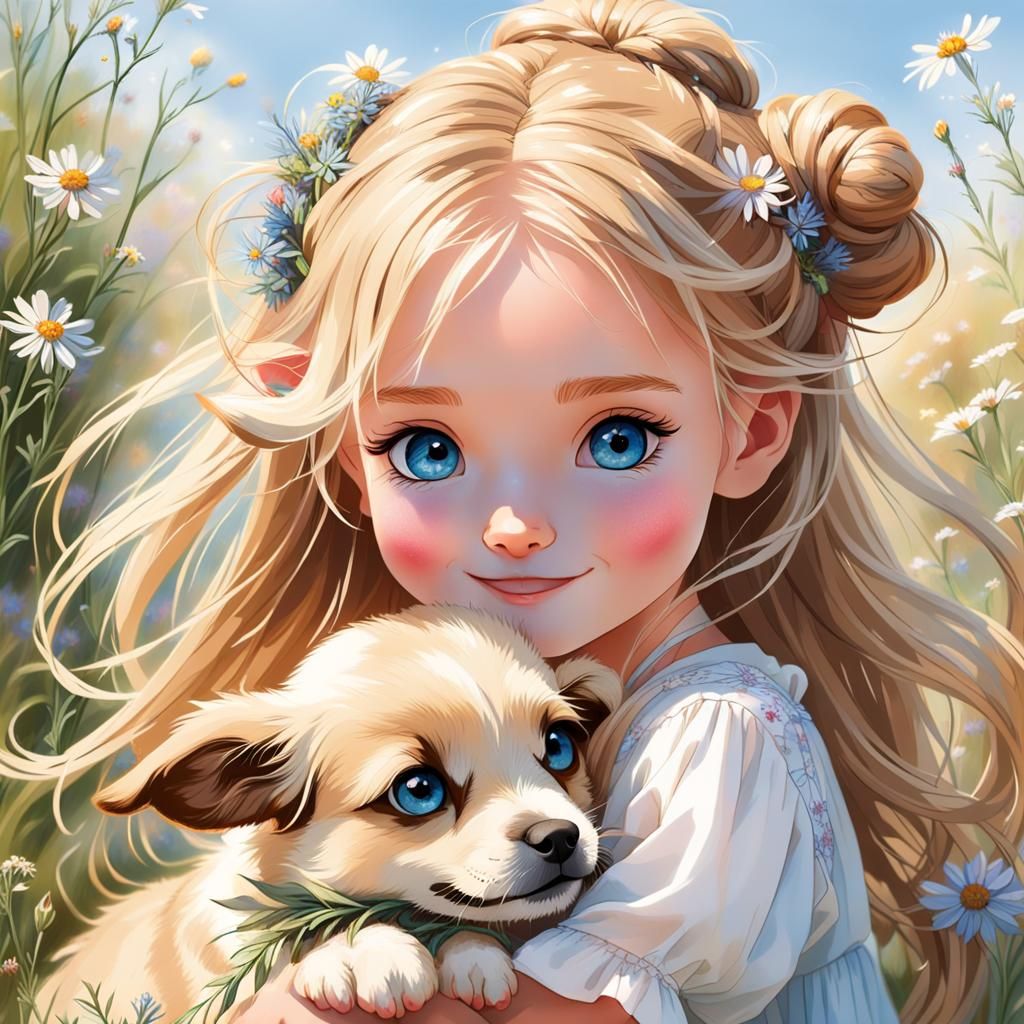 Girl with Puppy, Ethereal Colored Pencil Art