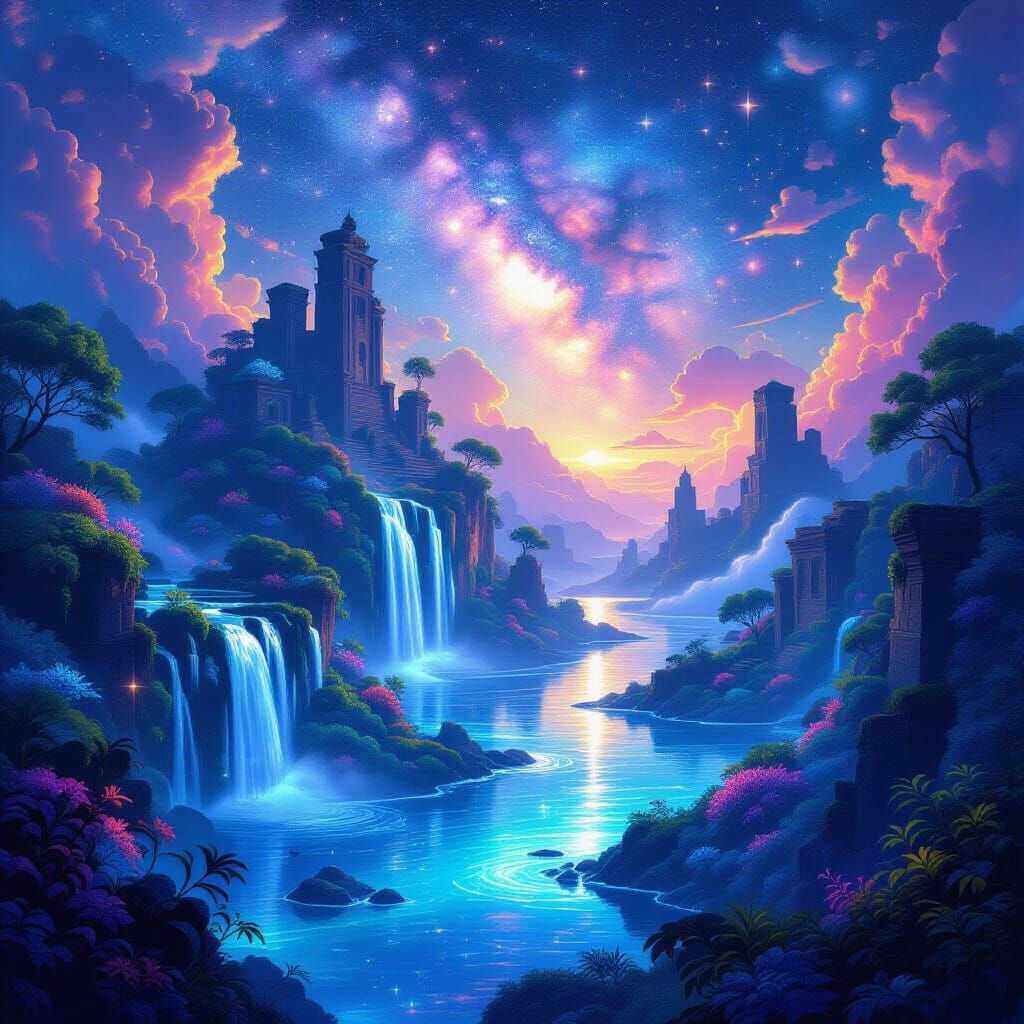 Vibrant Magical Island in Cosmic Nebula