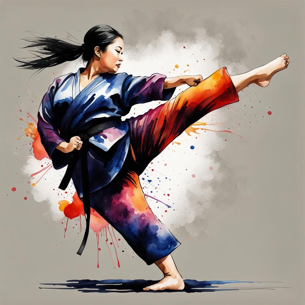 Woman Performing Roundhouse Kick in Watercolor Art
