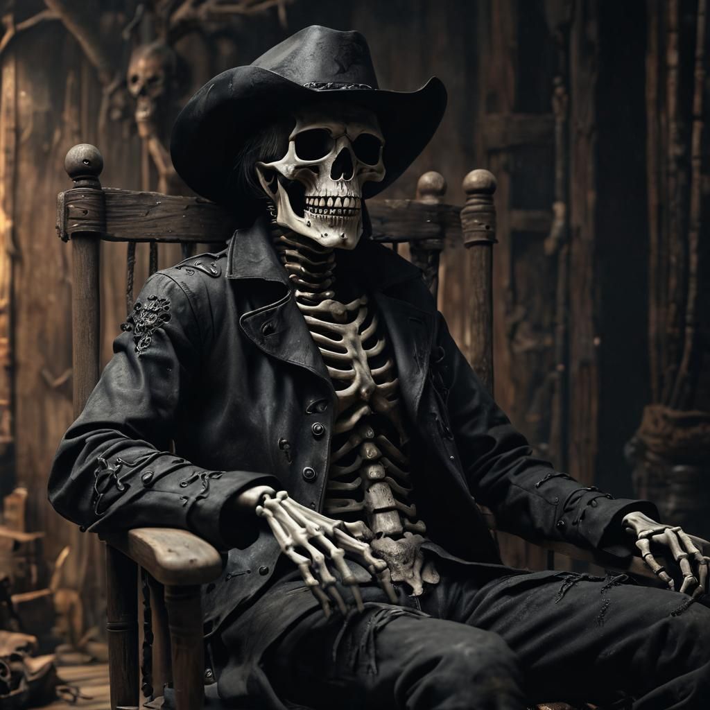 Cowboy Skeleton in Rocking Chair: Dark Fantasy Illustration