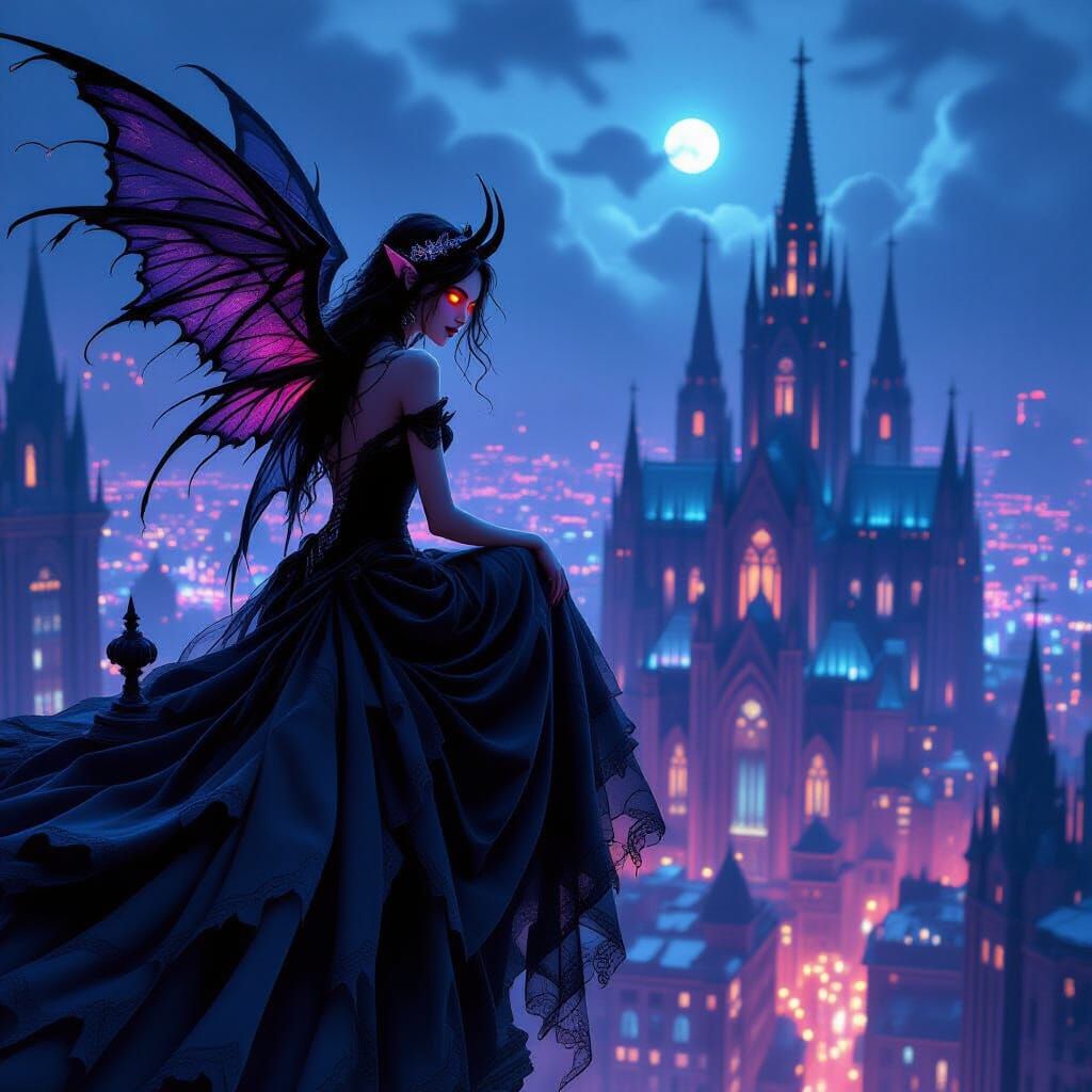 Devil Fairy Over Bioluminescent Cyberpunk Cityscape