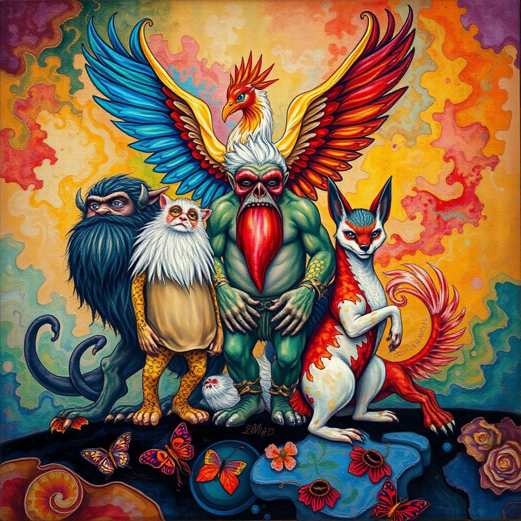 Mythical Beings Gather on a Vibrant Tapestry in a Dreamlike ...