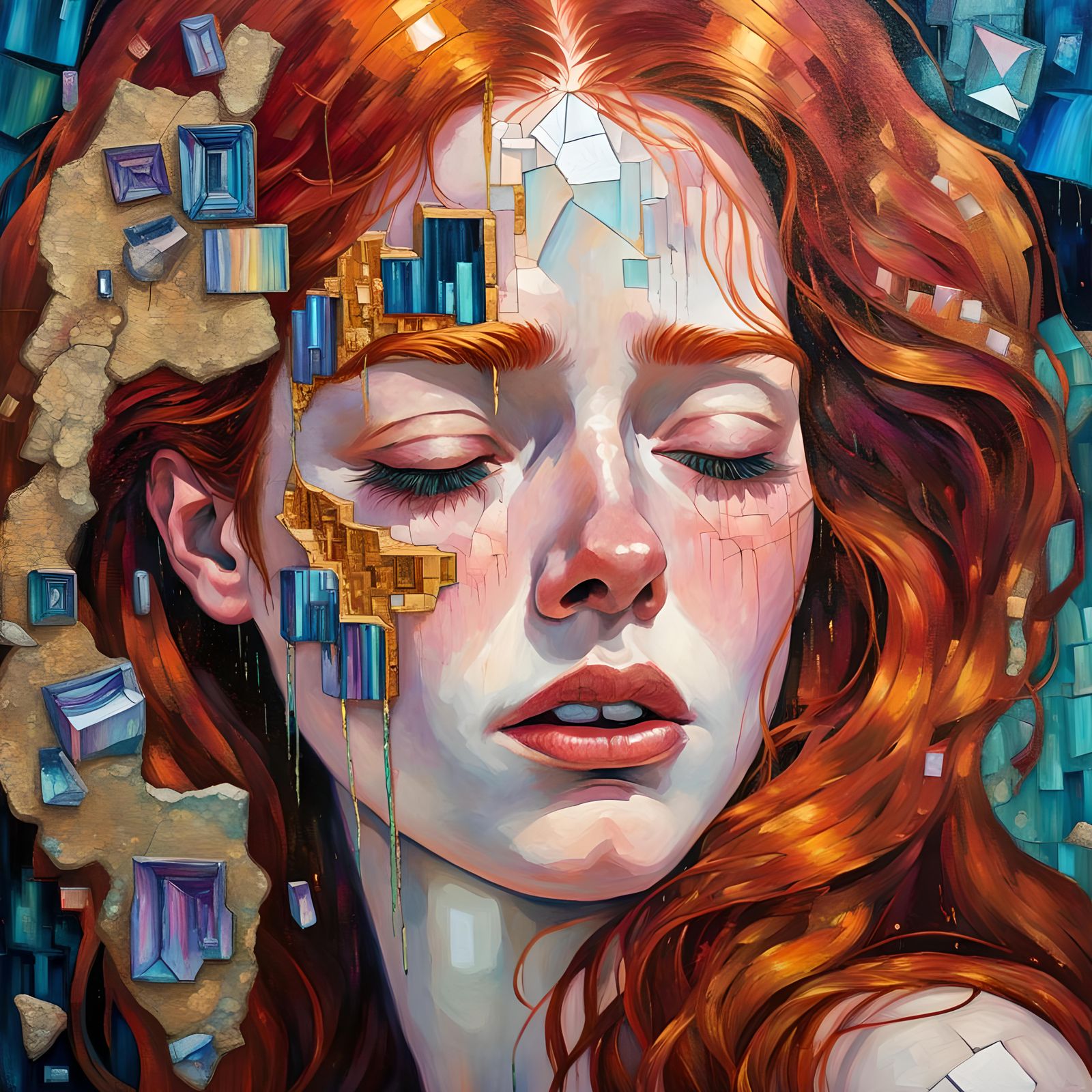 Redhead Crying with Broken Hearts: Expressionist Painting