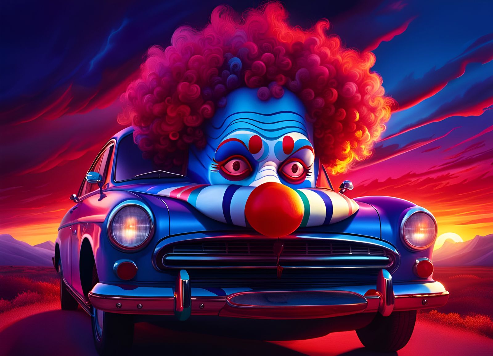 Clown-Faced Car in Sunset Comic Art