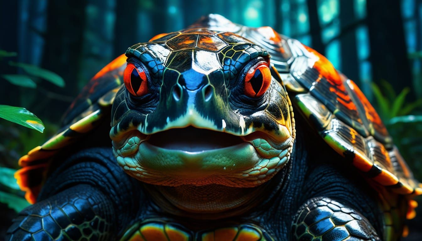Regal Turtle Portrait in Dark Forest, as Oil Painting