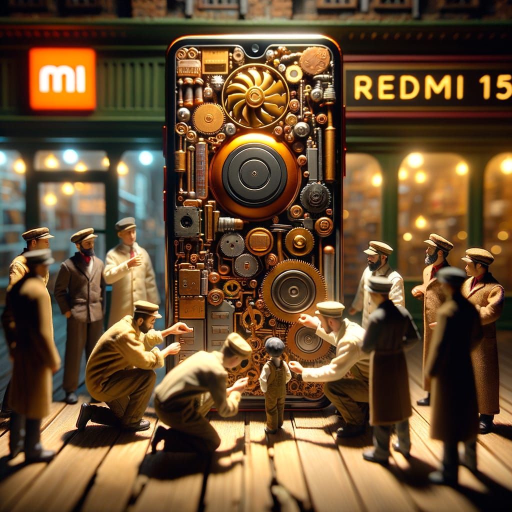 Steampunk Engineers Repairing Giant Mobile Phone