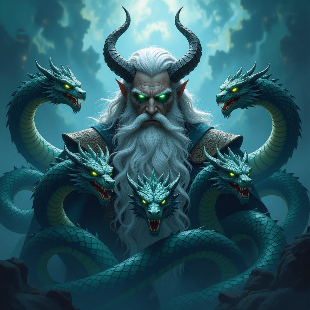 Odin Merges with Nine-Headed Hydra in Epic Dark Fantasy