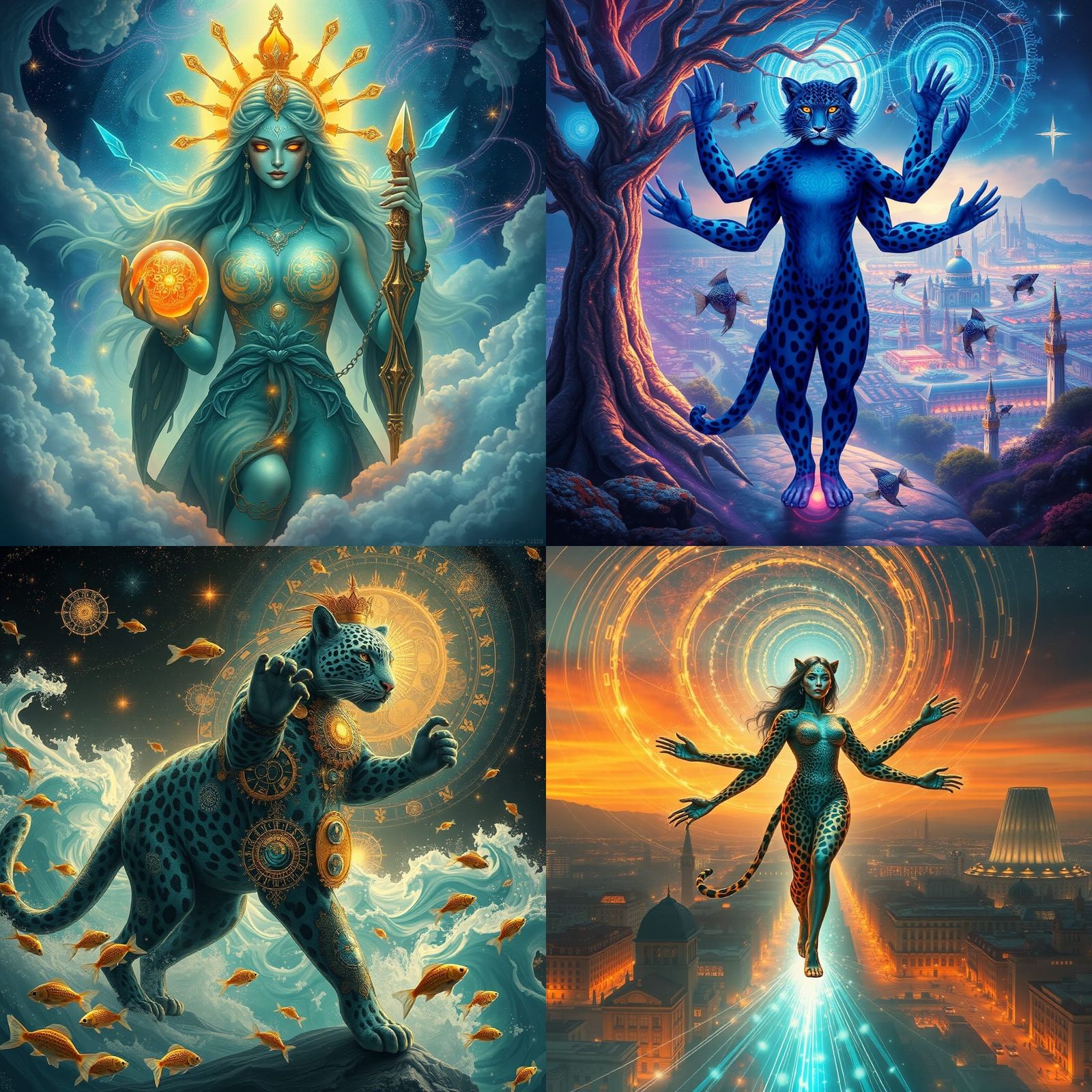 Surreal Six-Armed Leopard Woman in Teal Fire