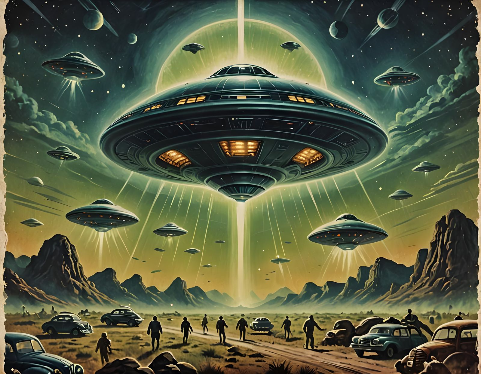 Retro-Style Alien Invasion Poster in Cyberpunk Aesthetic