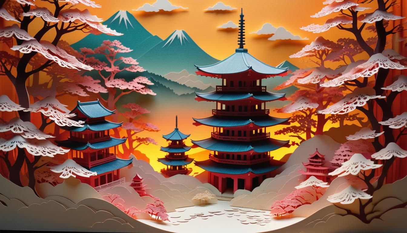 Detailed Kirigami Japanese Pagoda at Sunrise