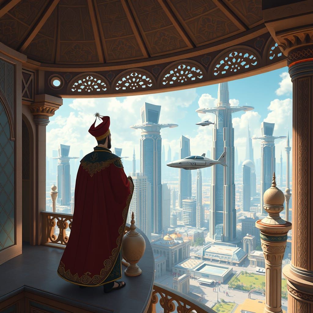 Ottoman Sultan Surveys Cyberpunk Cityscape in Anime Style