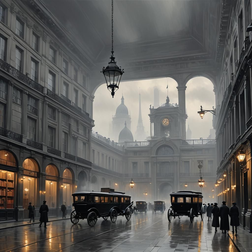 Sinister Pendulum in Foggy Paris Street Scene