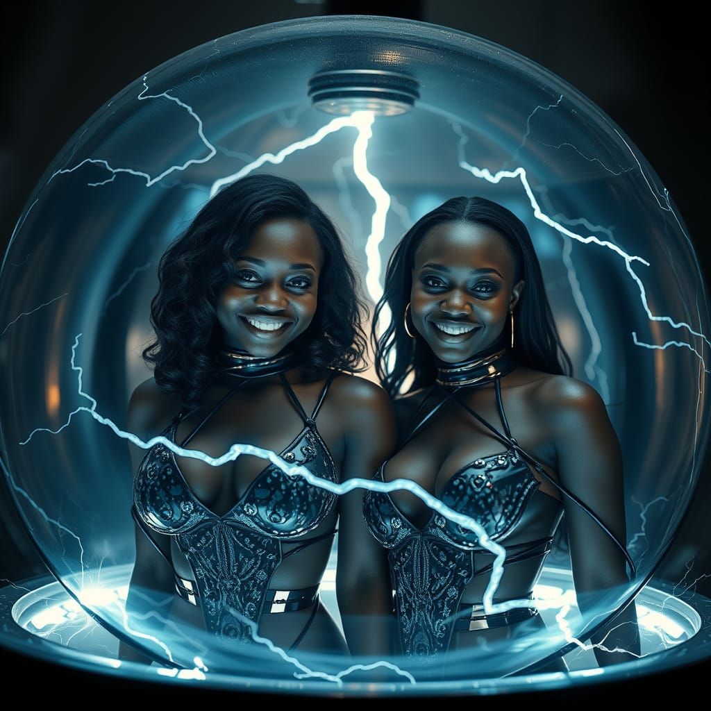 Smiling Women in Glass Sphere with Lightning
