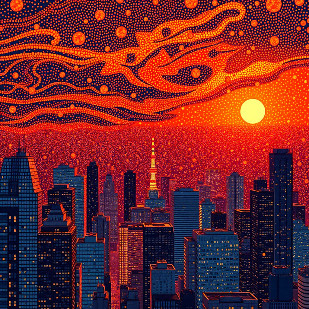 Tokyo Sunset in Pointillism Anime Style