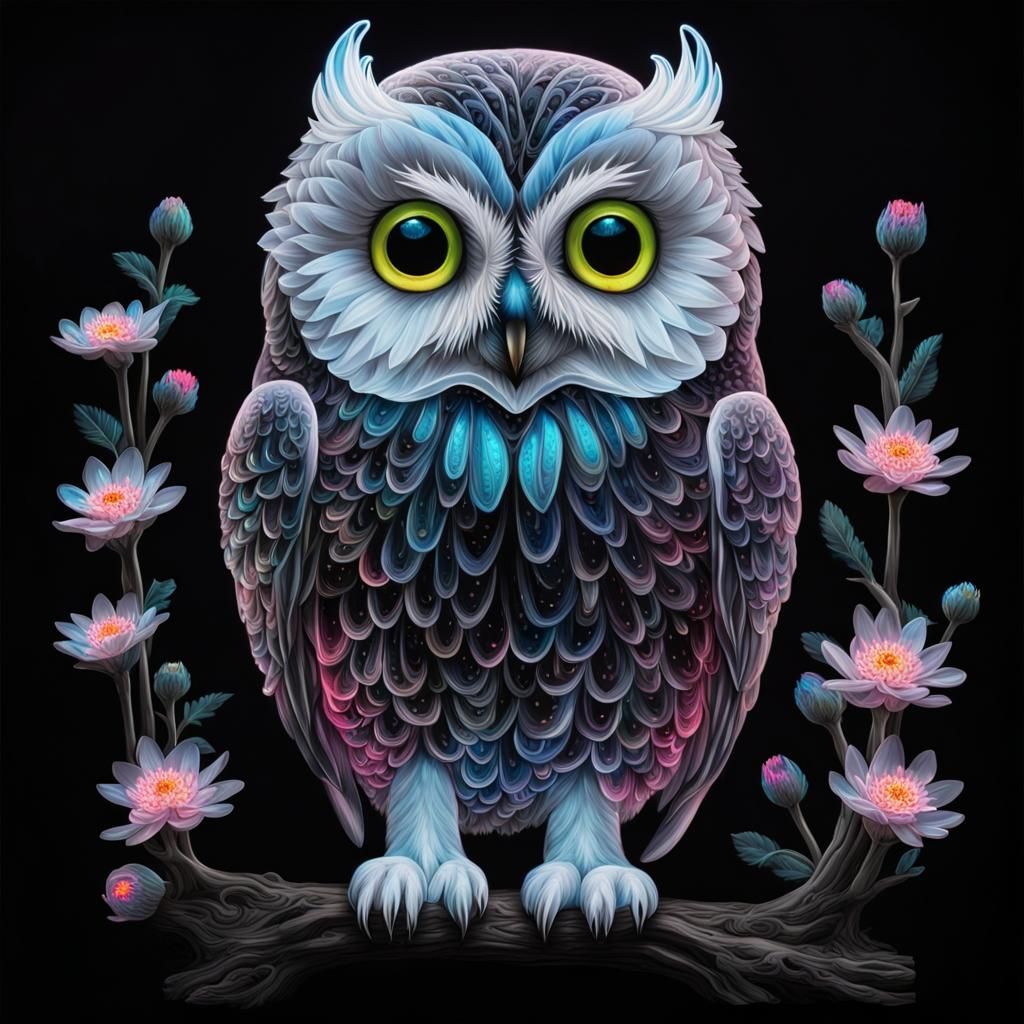 Glass Snow Owl Filled with Bioluminescent Flowers