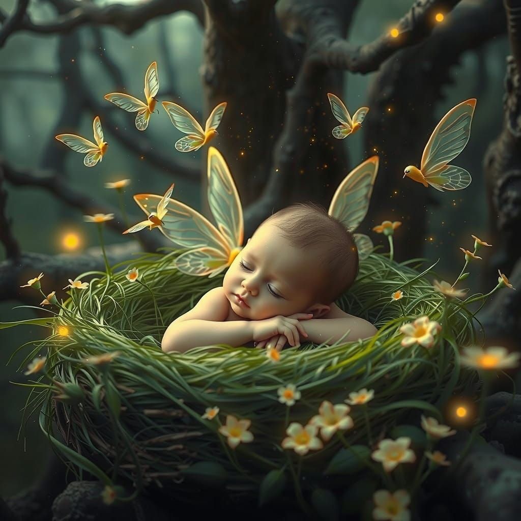 Serene Baby in Emerald Grass Nest with Angelic Guardians