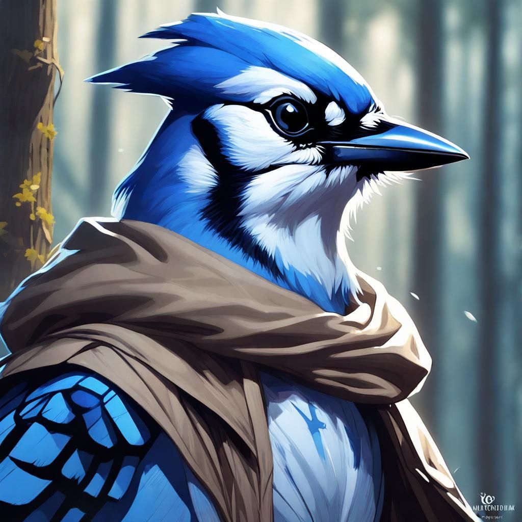 Blue Jay Aarakocra Portrait in Forest, Detailed Art