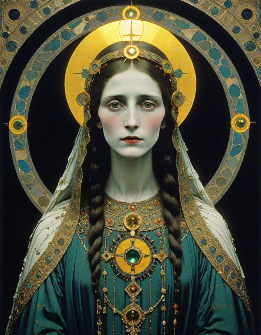 Geometric Vision of Saint Mary Magdalene in Golden Hues