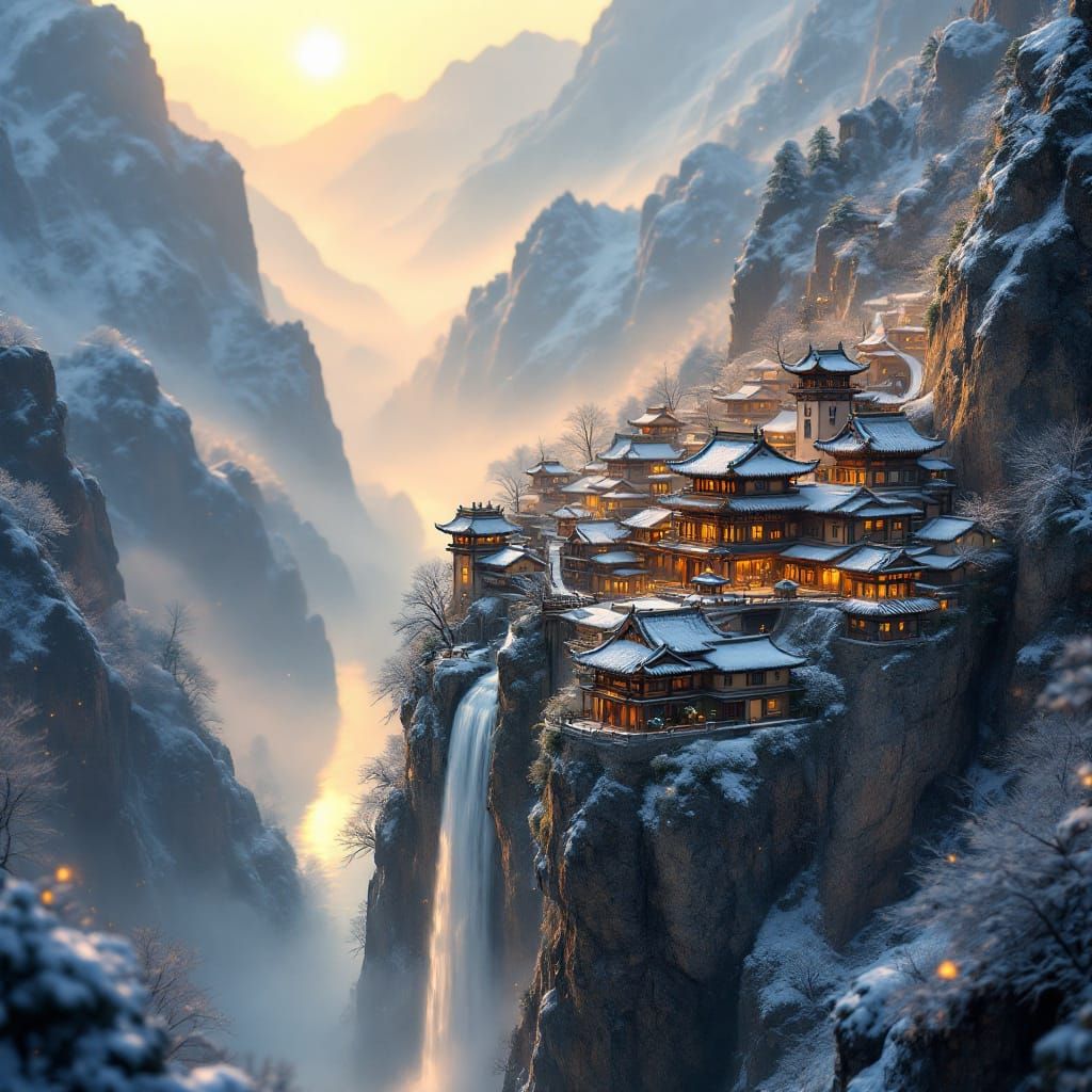 Miniature Chinese Village in Snowy Mountains