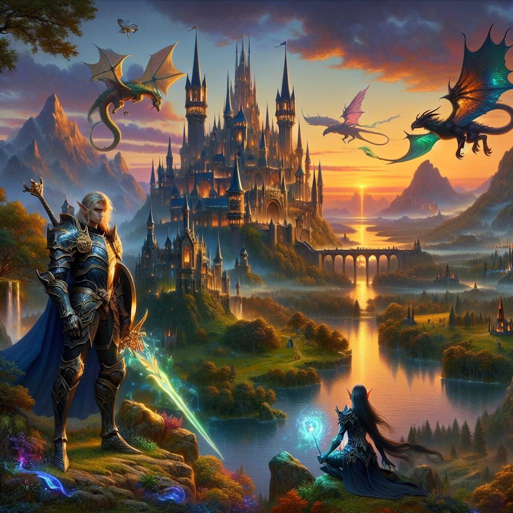 Fantasy Castle with Elf and Sorceress in Matte Painting