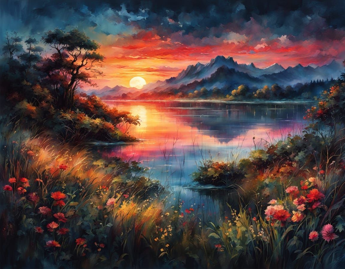 Dramatic Dawnfire: Meadow's Fiery Mirror