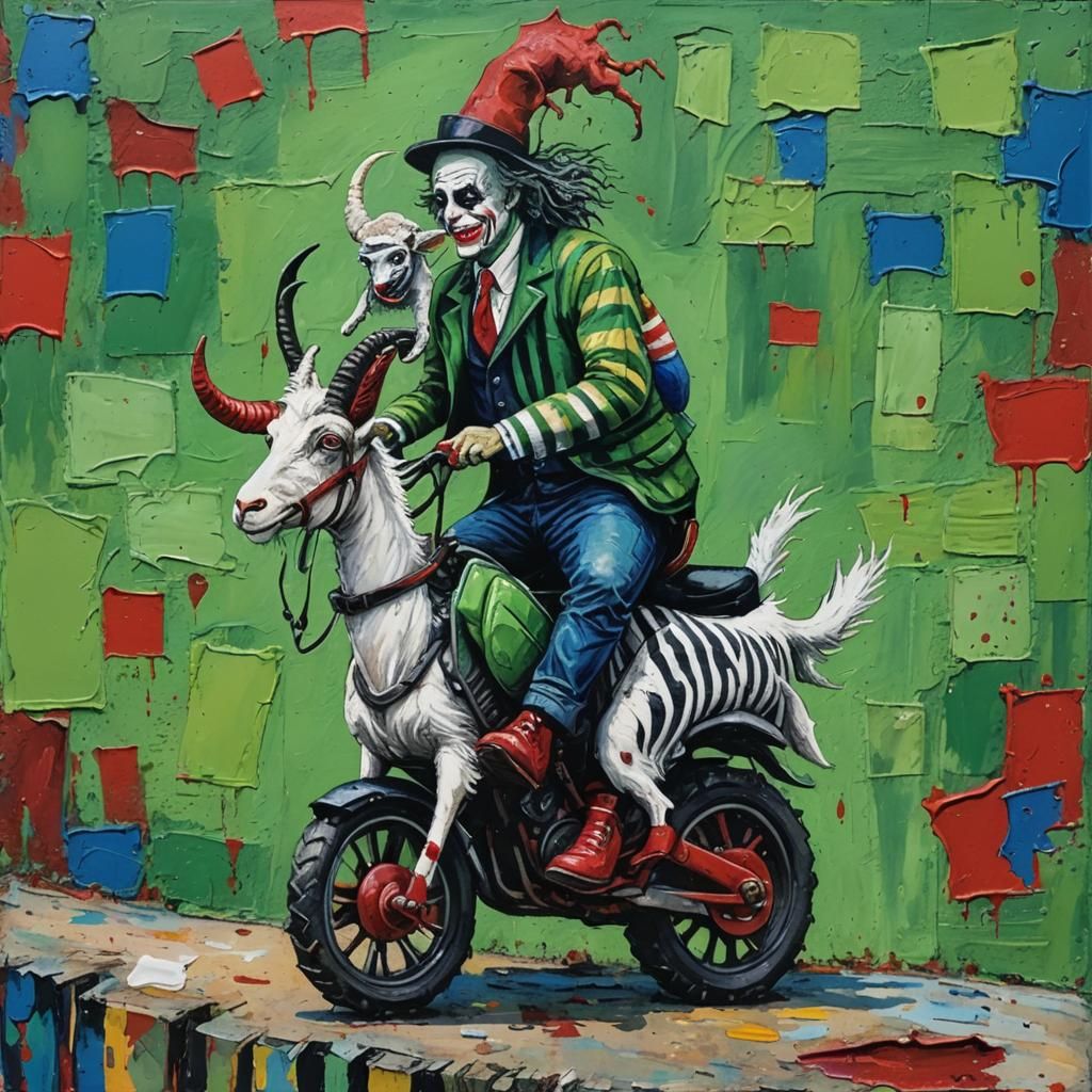 Beetlejuice Biker on Goat: Colorful Acrylic Painting