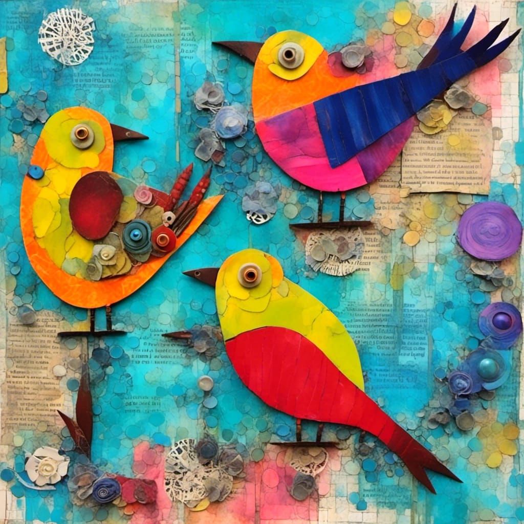 Colorful Birds in Mixed Media Collage