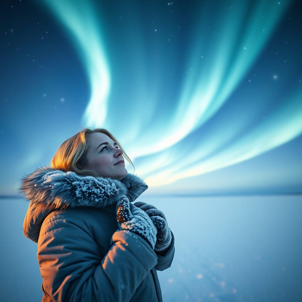 Aurora Borealis Maiden Under Starry Night Sky