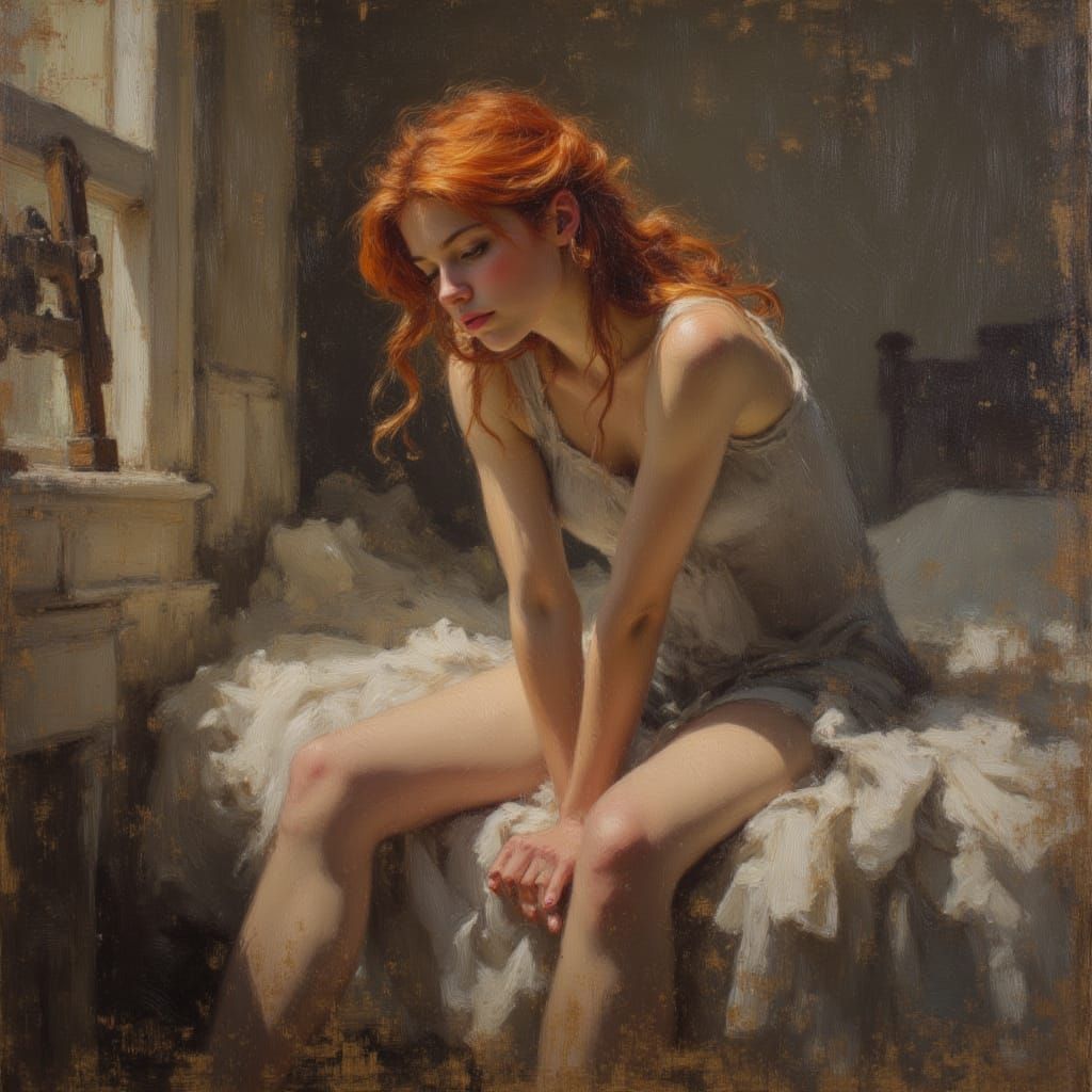 Redhead Lady in Impasto Oil Painting Style