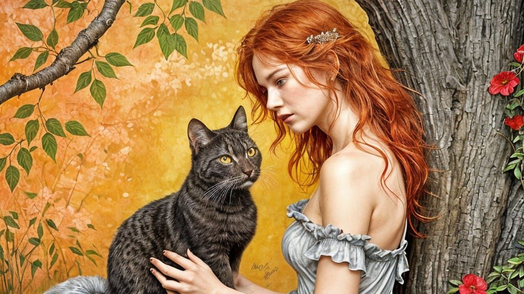 Crimson Haired Woman with Black Cat in Organic Oil Painting