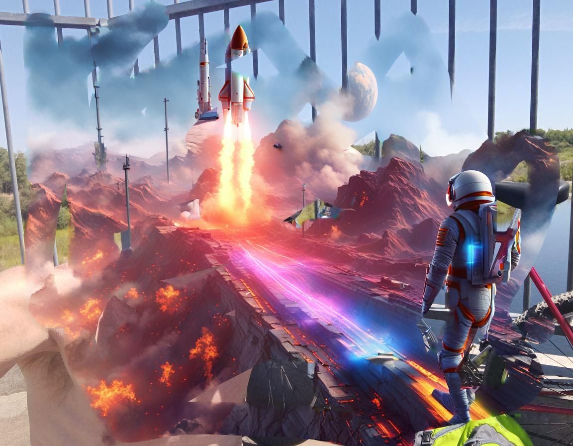 Astronaut Watching Rocket Launch in Neon Cyberpunk Style