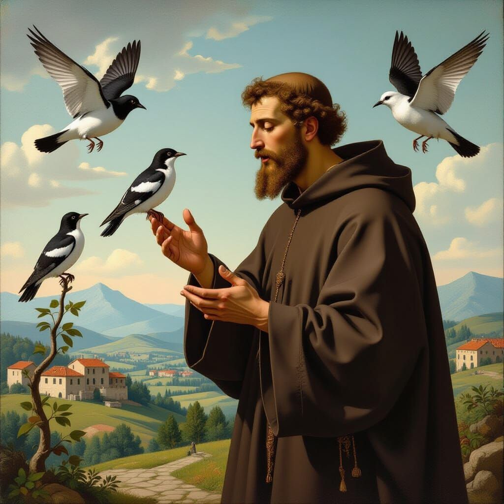 Saint Francis Sings to Birds in Bosch Style