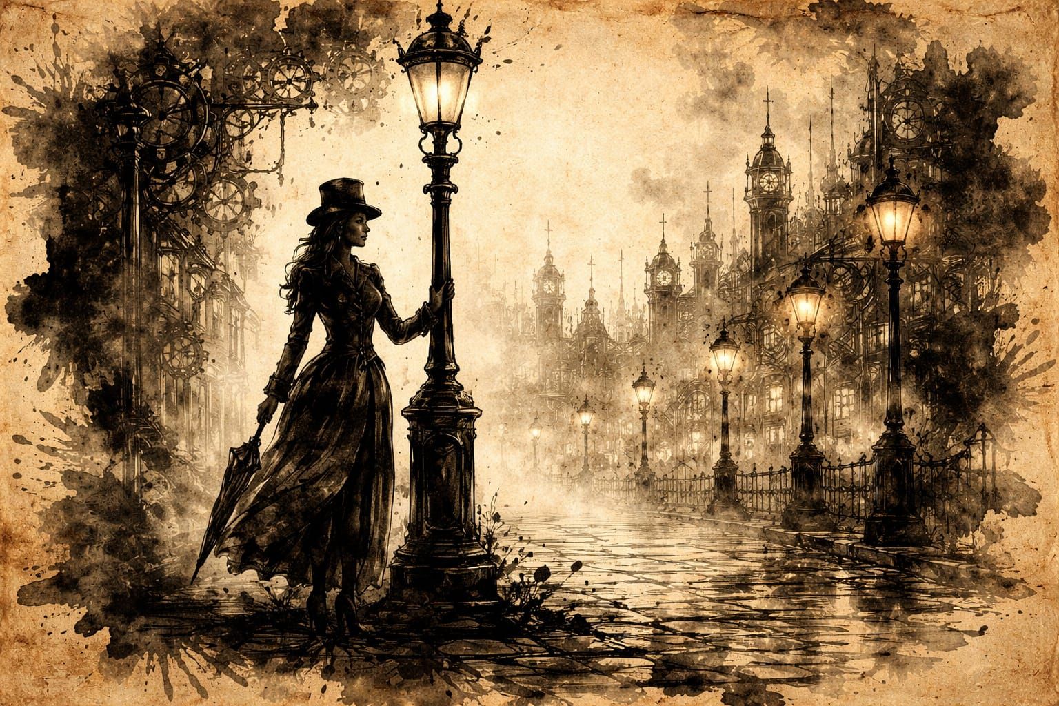 Steampunk Street Scene with Woman Silhouette