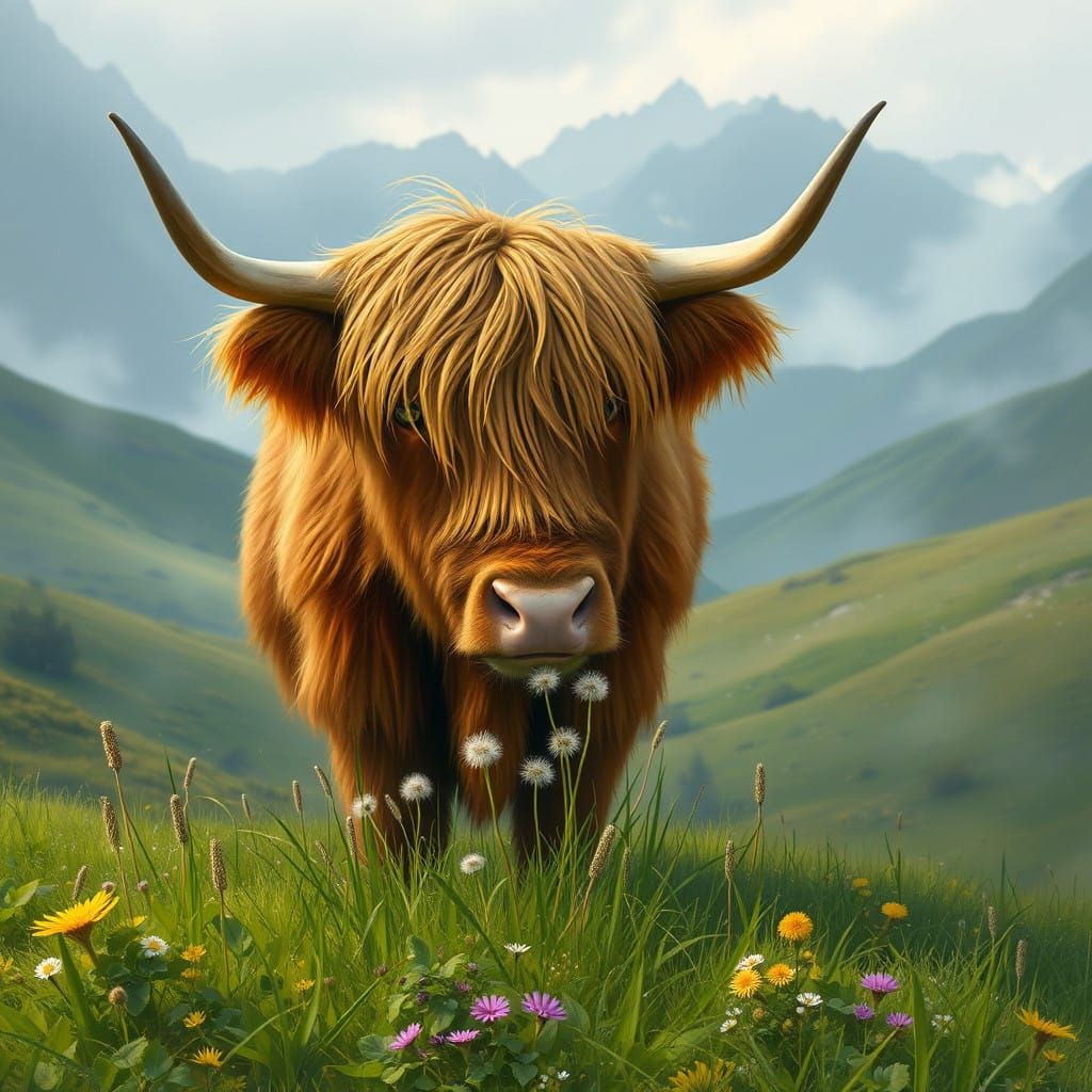 Highland Cow Grazing Amidst Vibrant Wildflowers and Misty Mo...