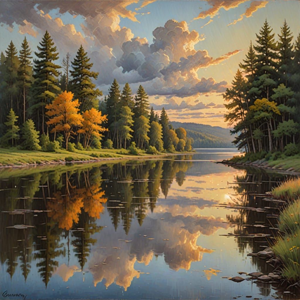 Cloudy Lake: Impressionist Oil Painting at Golden Hour