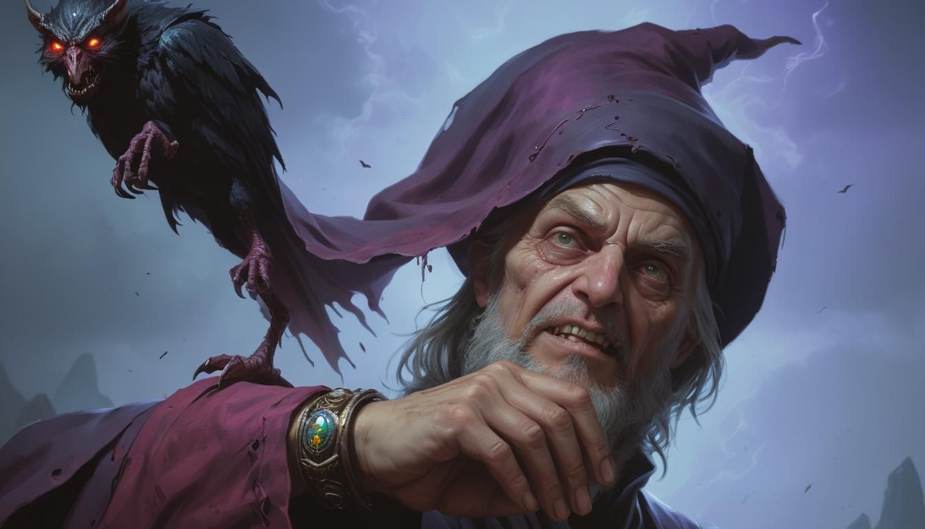 Evil Wizard and Demonic Familiar, Hyperrealistic Fantasy Art