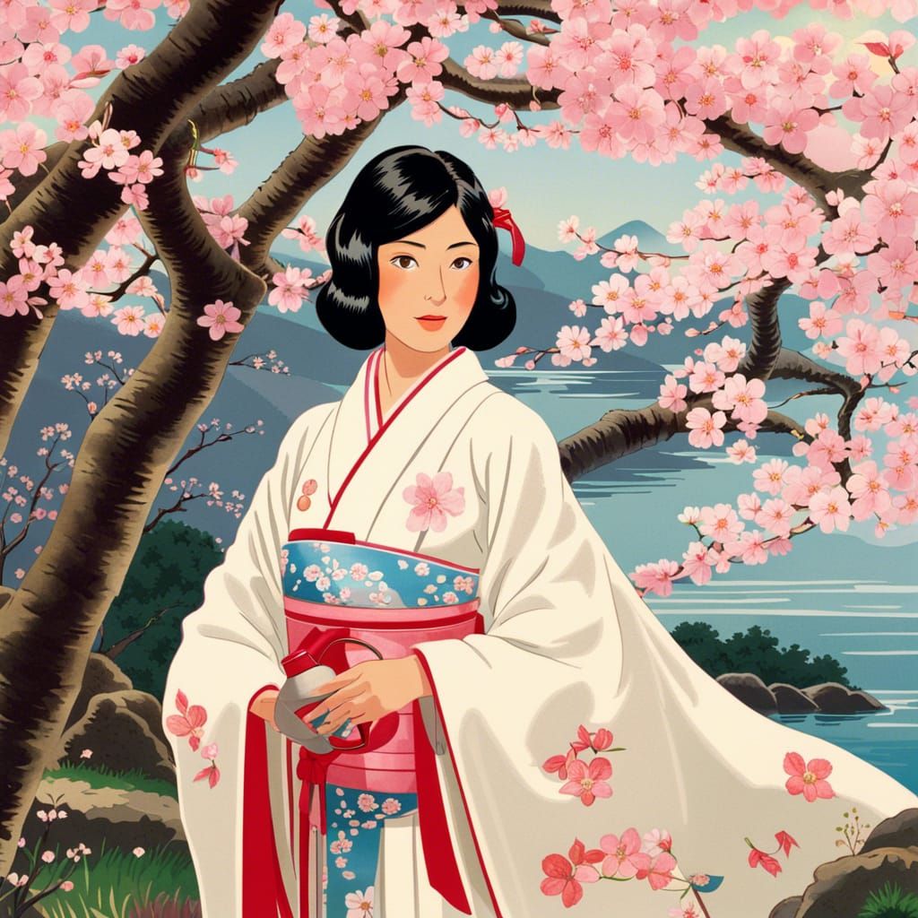 Japanese Woman Waters Cherry Tree in Bloom