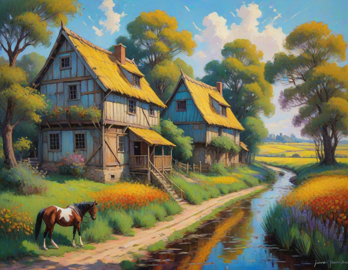 Rustic Village Scene in Impressionist Oil Painting Style