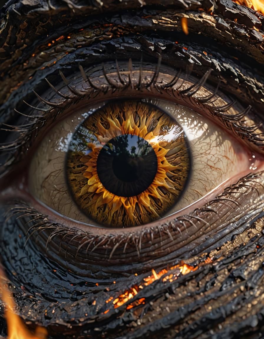 Close up picture of a gold and Obsidian eye with a forest bon fire reflected in the iris. Award winning, masterpiece Unr...