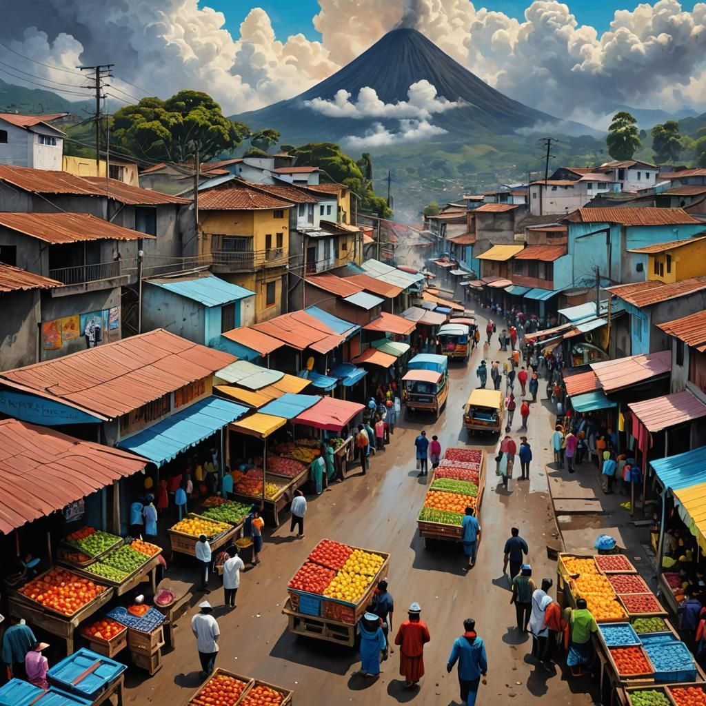 Guatemalan Village Market Day, Graffiti Art Style
