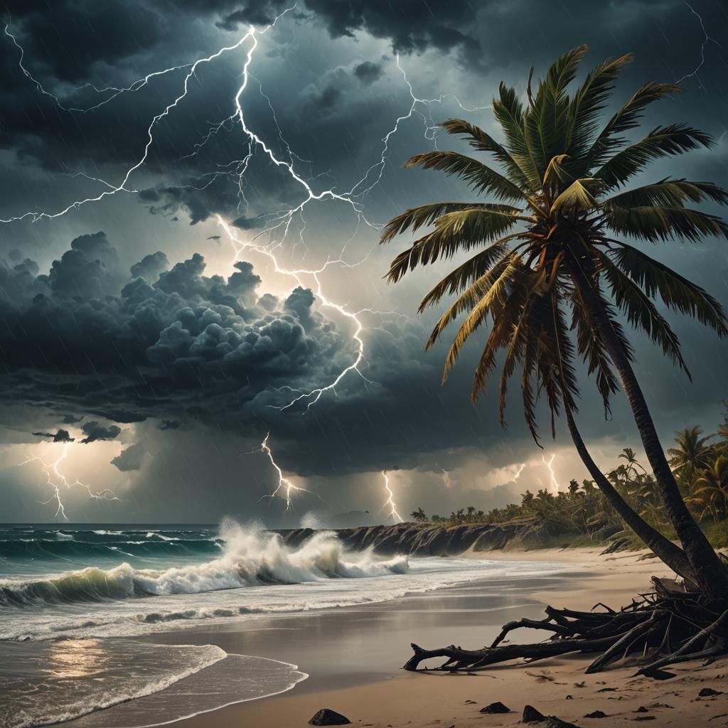 Stormy Beach Palm Tree in Fantasy Matte Painting Style