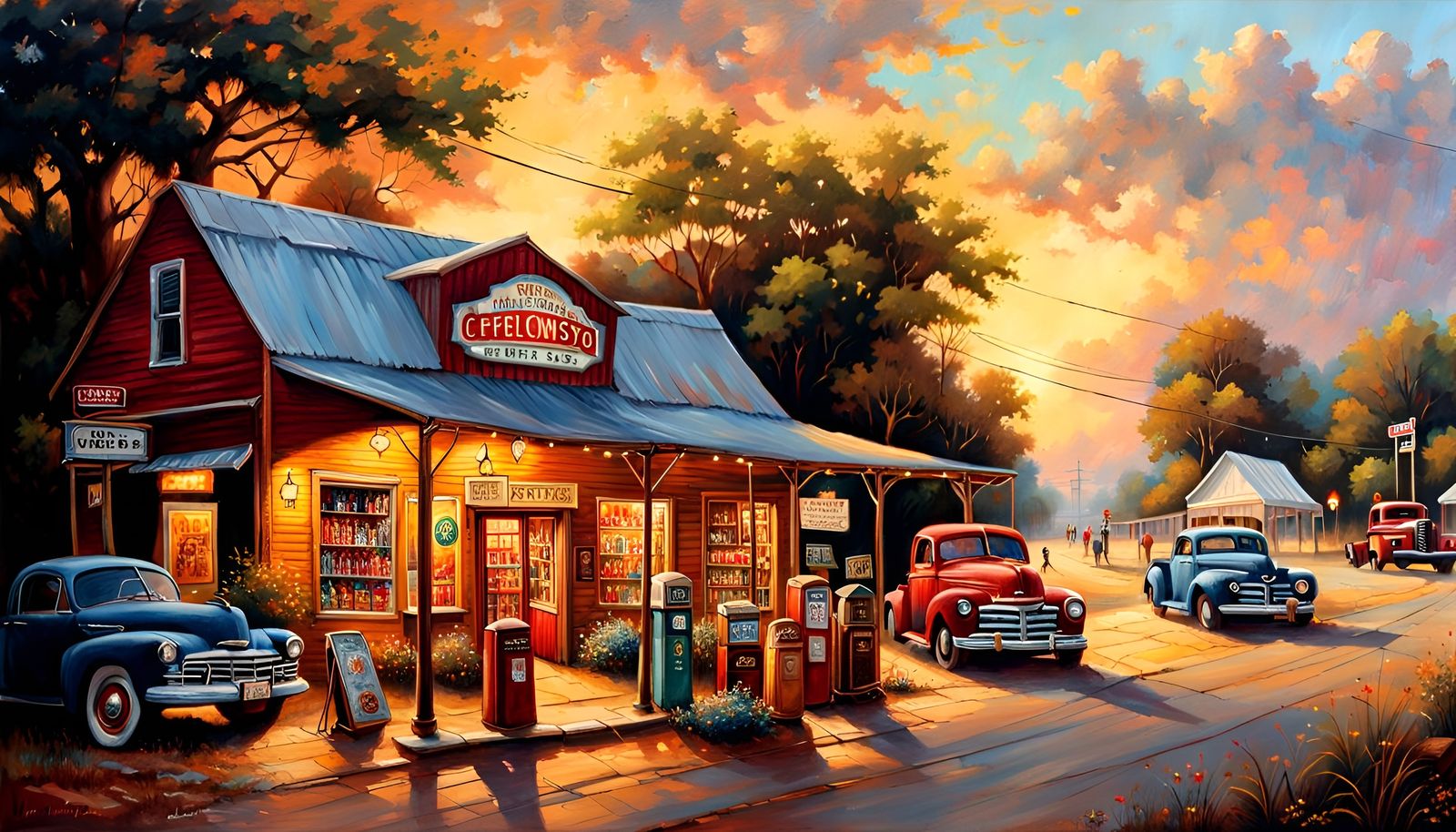 Texas Town: Oil Painting with Country Store and Cafe