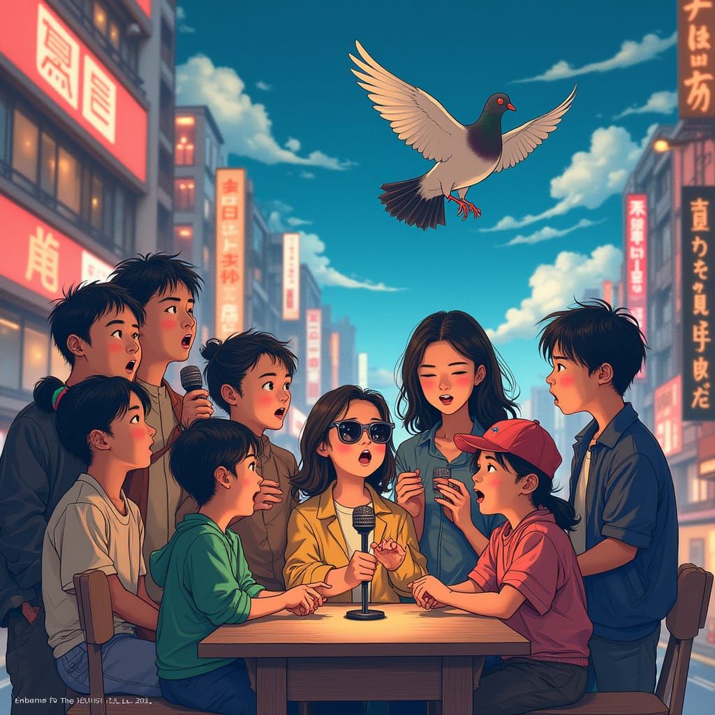Karaoke Family Serenades Pigeon in Neon Tokyo