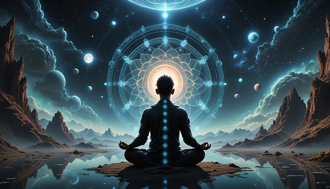 Psychonaut Meditating Above Crystalline Plateau in Space