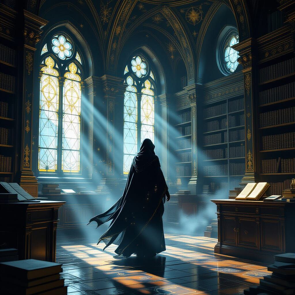 Ethereal Figure in Forgotten Library, Dark Fantasy