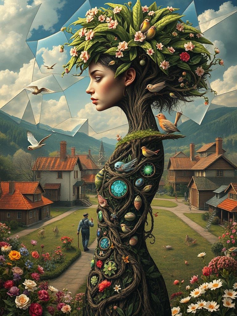 Surreal Goddess Emerges from Blooming Tree Form in Idyllic V...