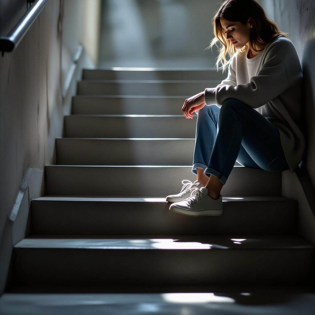 Cinematic Moment: Person Tying Shoe on Stairwell