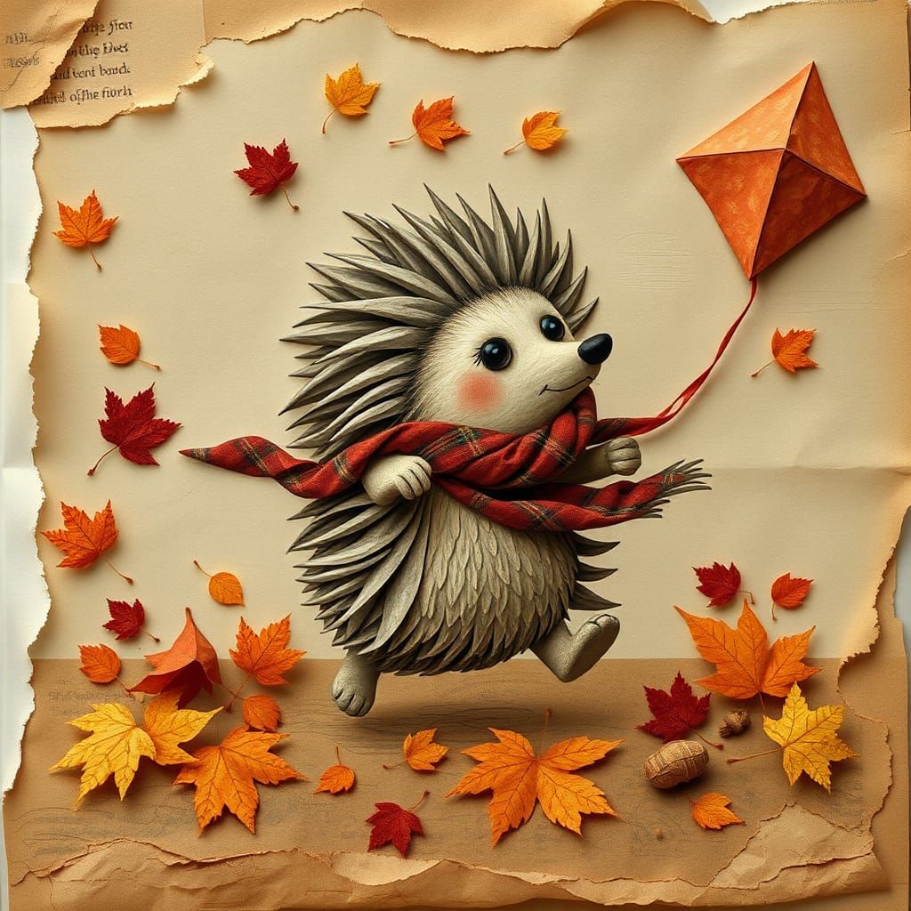 Whimsical Paper Hedgehog with Kite in Autumn Wind