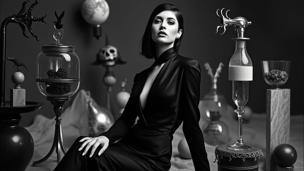 Surrealist Women Portrait in High-Contrast Black and White